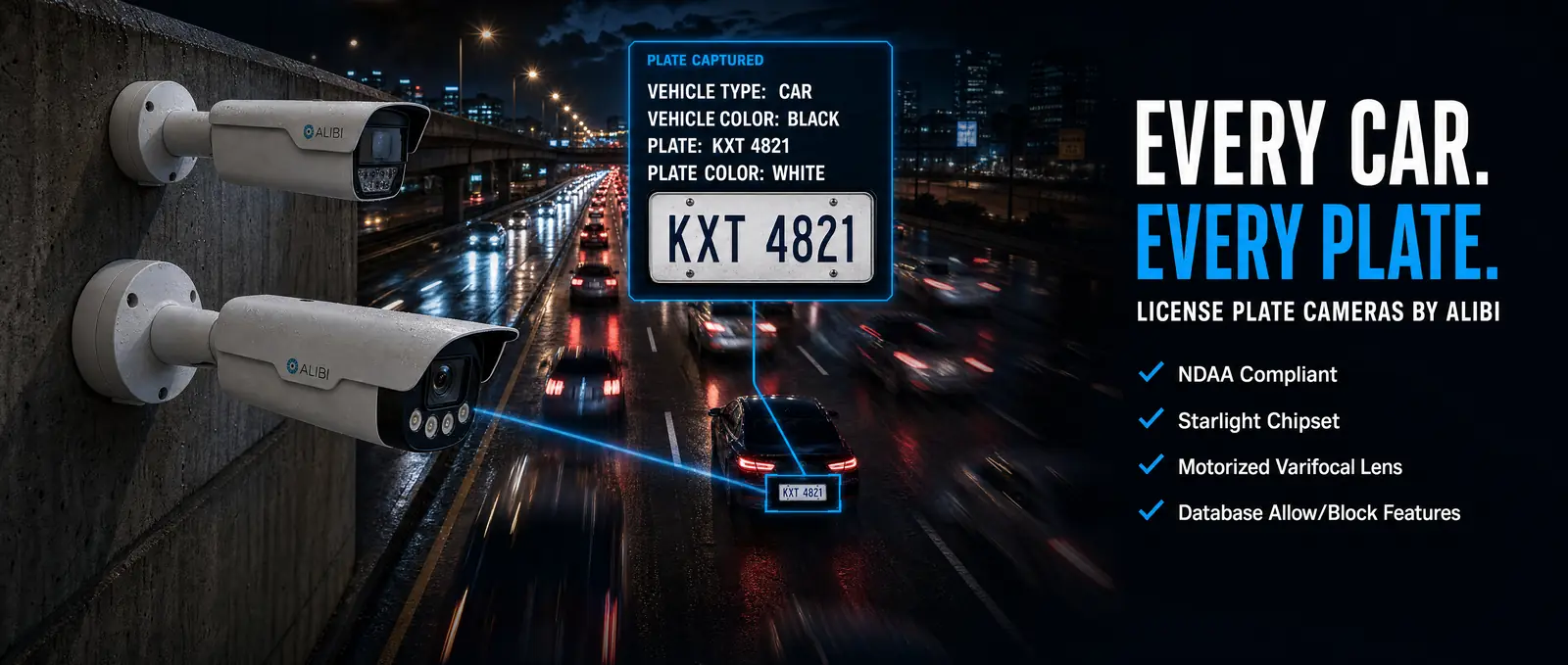 Two Alibi license plate cameras on a highway overpass picking out one car's plate, KXT 4821, from heavy night traffic. Every car. Every plate. NDAA compliant, starlight chipset, motorized varifocal lens, database allow/block features.